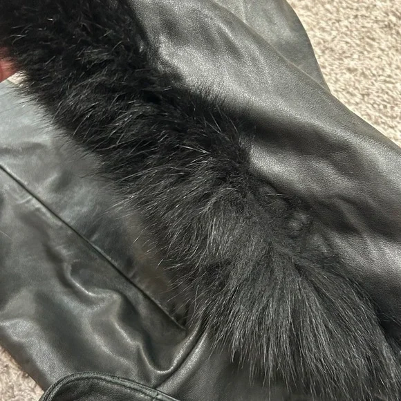 Kasper Leather Coat XL‎ Belted Fur Trim Hooded Black Winter Jacket Women vintage - Picture 5 of 11